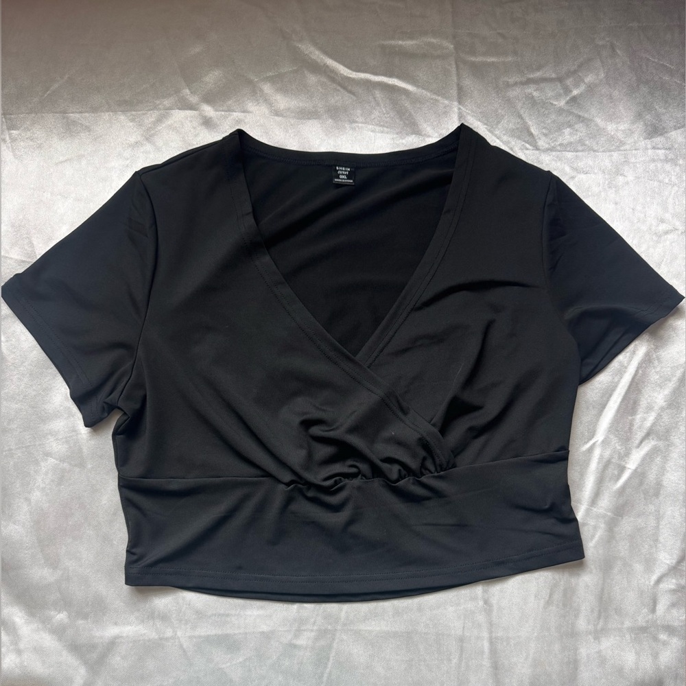 SHEIN Black Crop Wrap Blouse Short Sleeve